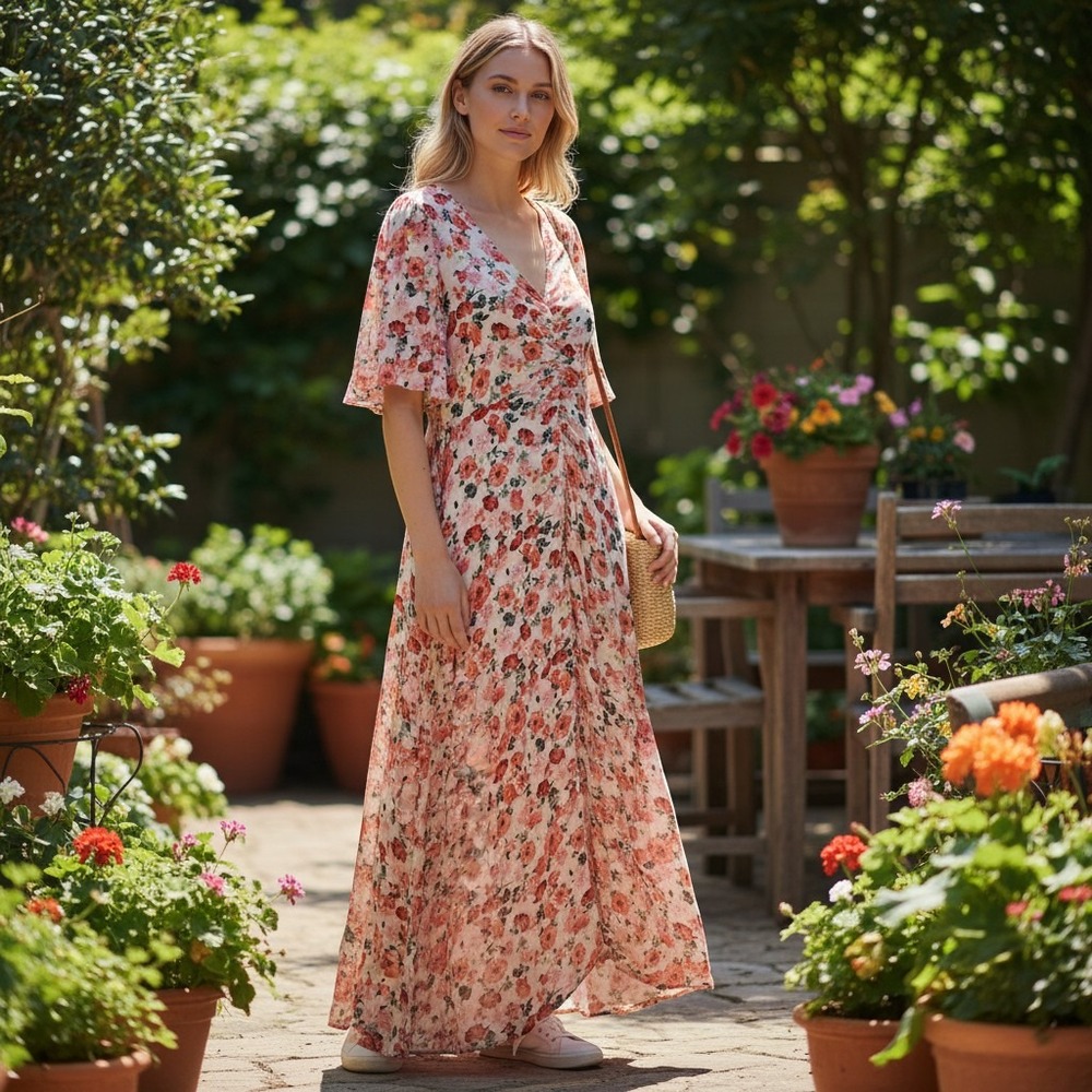 Old Navy Maxi Dress Womens L White Floral Puff Sleeve Ruched Front Boho Summer